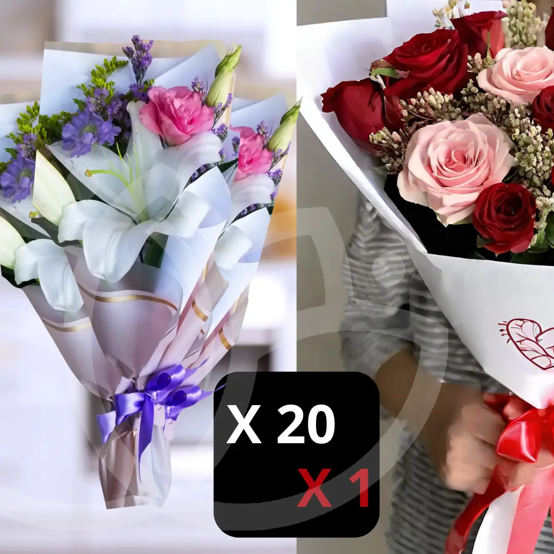 Pack de 20 ramos "Lilium soft expression" y 1 "Ramo de 10 rosas rojas y 3 rosadas"