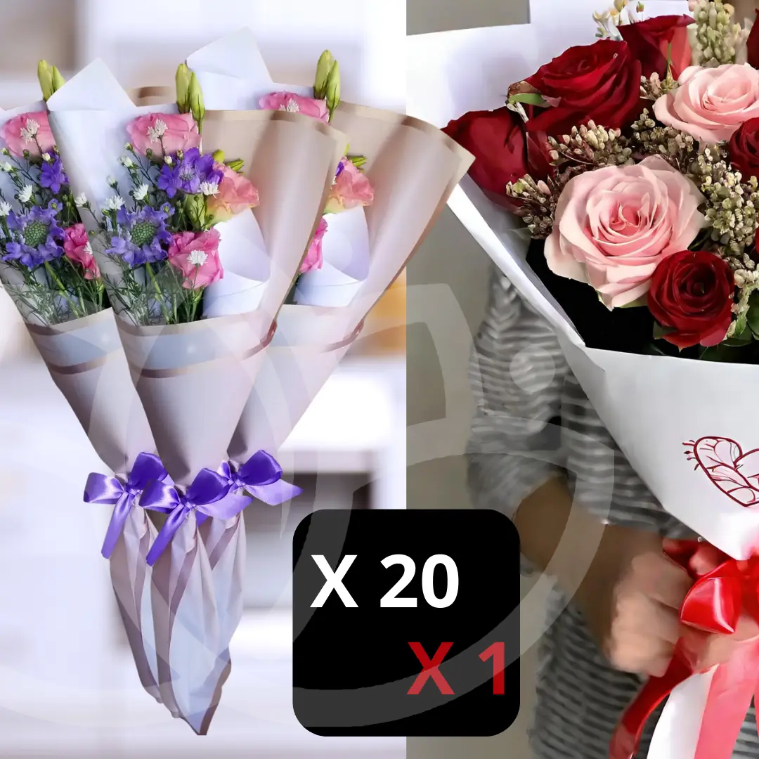 Pack de 20 ramos "Bouquet Dulce Sencillez" y 1 "Ramo de 10 rosas rojas y 3 rosadas"