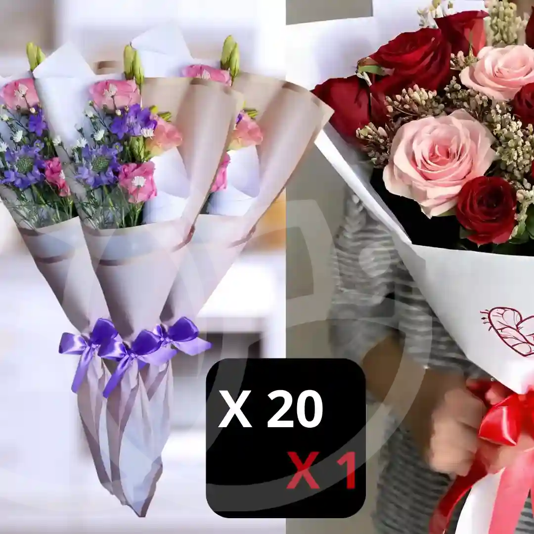 Pack de 20 ramos "Bouquet Dulce Sencillez" y 1 "Ramo de 10 rosas rojas y 3 rosadas" 1