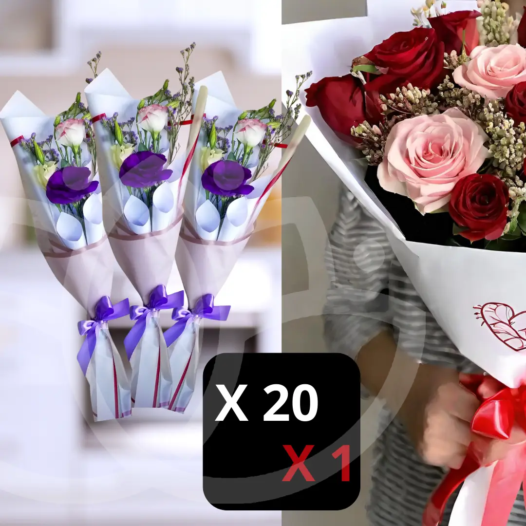 Pack de 20 ramos "Bouquet Serenidad" y 1 "Ramo de 10 rosas rojas y 3 rosadas"