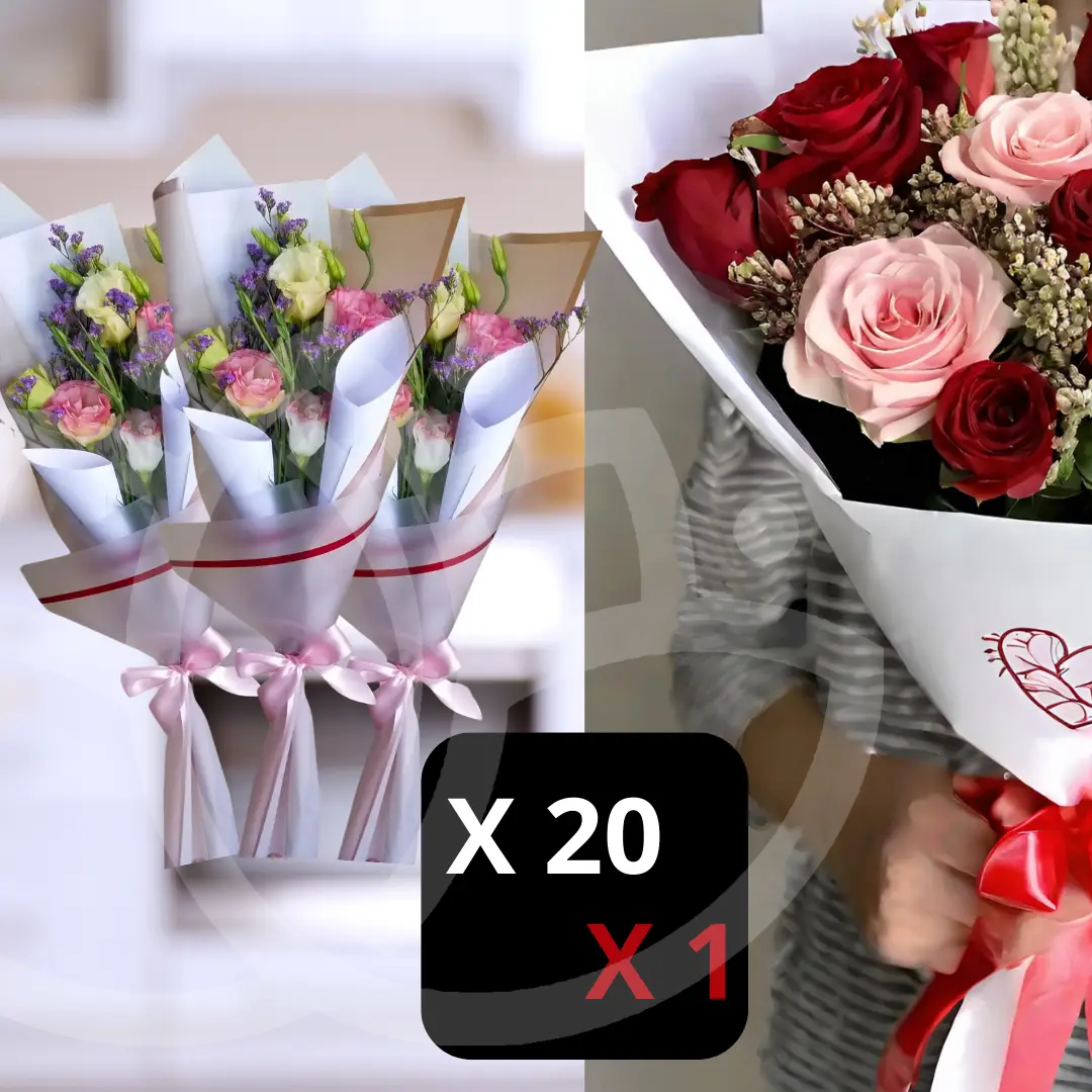 Pack de 20 ramos "Bouquet Encanto Natural" y 1 "Ramo de 10 rosas rojas y 3 rosadas"