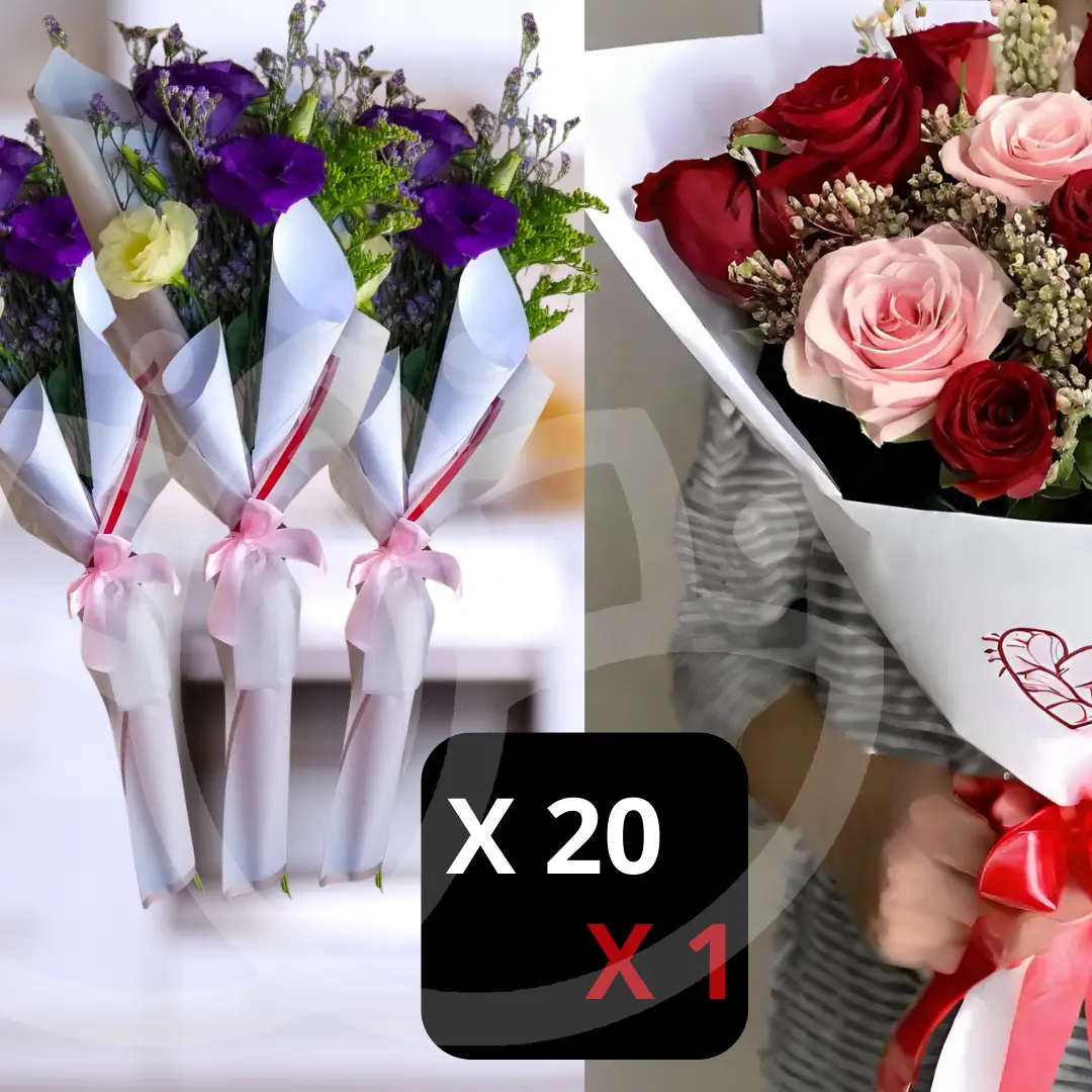 Pack de 20 ramos "Lisianthus en Armonía" y 1 "Ramo de 10 rosas rojas y 3 rosadas"