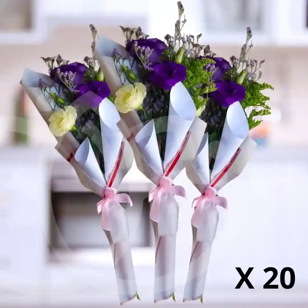 Pack de 20 ramos "Lisianthus en Armonía" y 1 "Ramo de 10 rosas rojas y 3 rosadas" 2