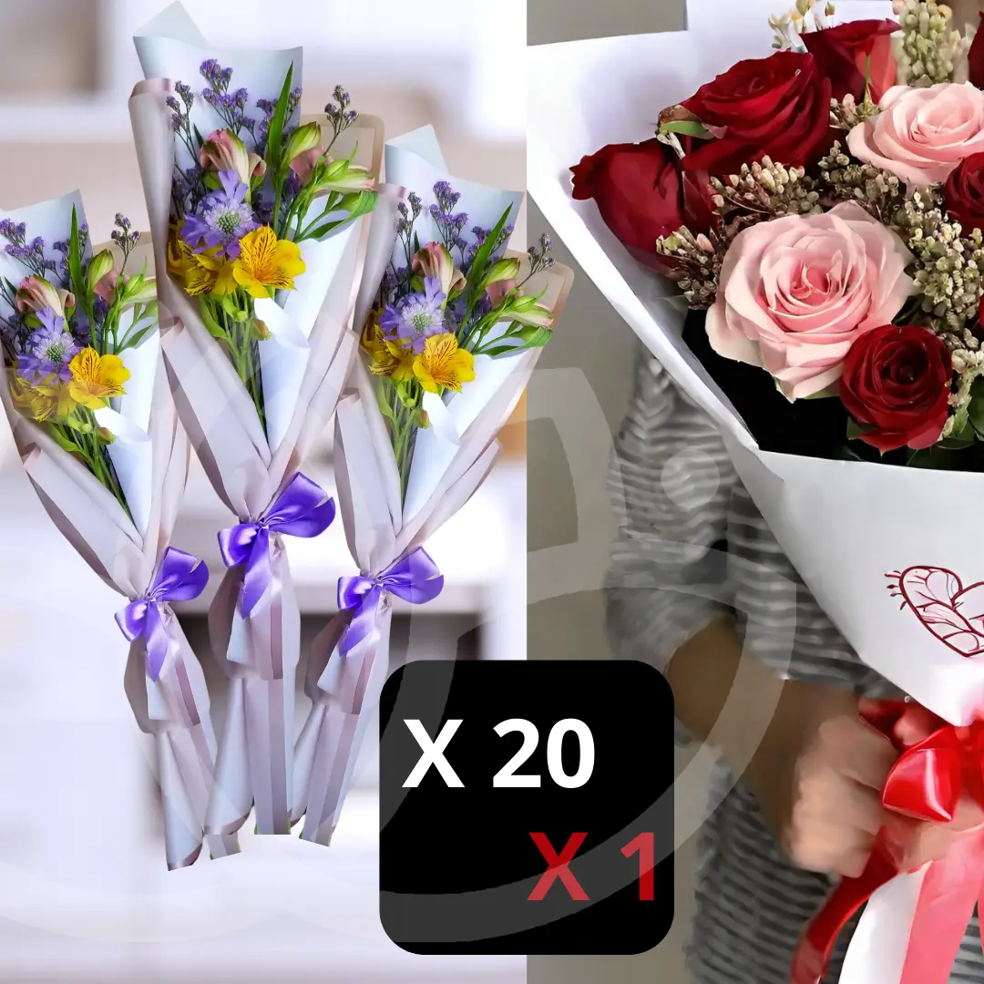 Pack de 20 ramos "Flores de la Alegría" y 1 "Ramo de 10 rosas rojas y 3 rosadas"