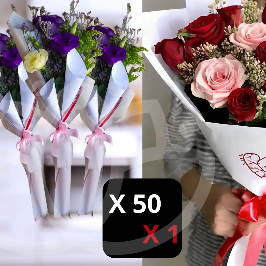 Pack de 50 ramos "Lisianthus en Armonía" y 1 "Ramo de 10 rosas rojas y 3 rosadas"