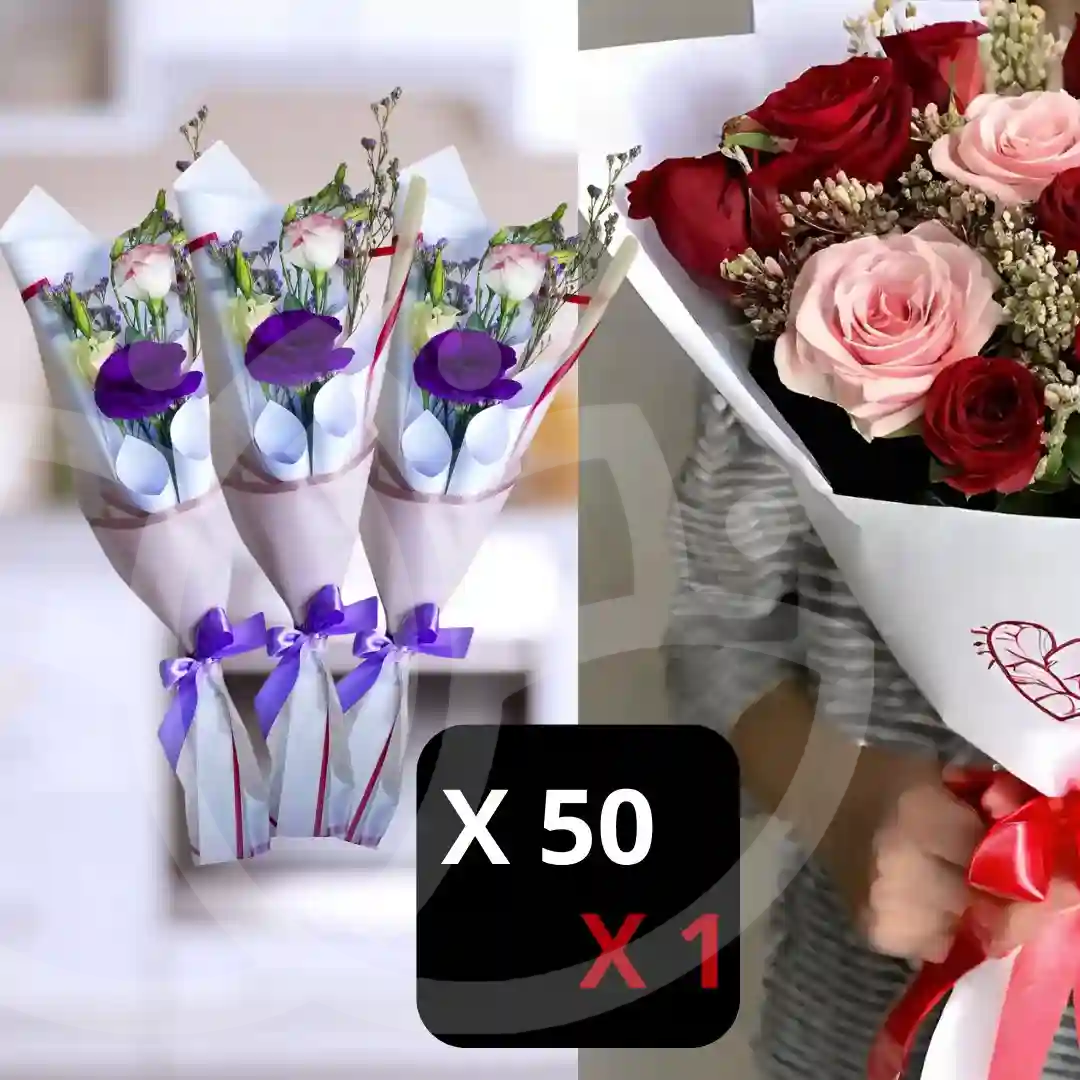 Pack de 50 ramos "Bouquet Serenidad" y 1 "Ramo de 10 rosas rojas y 3 rosadas" 1