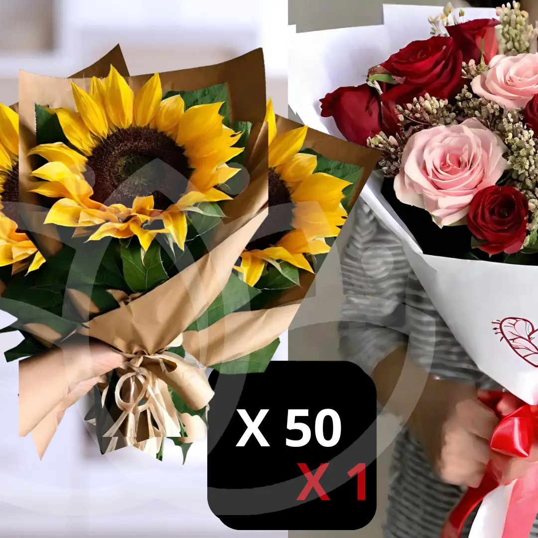 Pack de 50 girasoles individuales y 1 ramo de rosas principal 