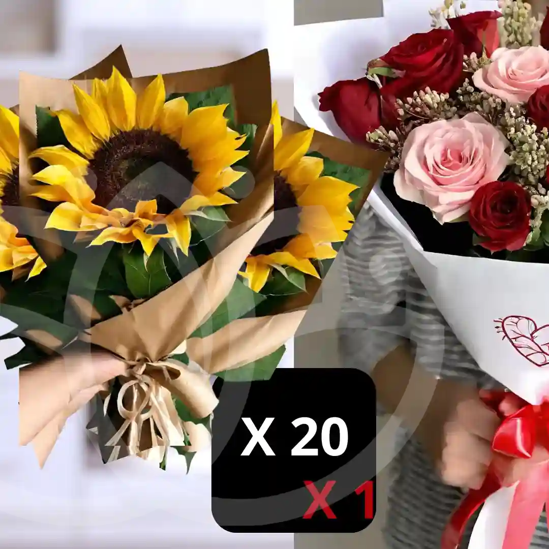 Pack de 20 girasoles individuales y 1 ramo de rosas principal  4