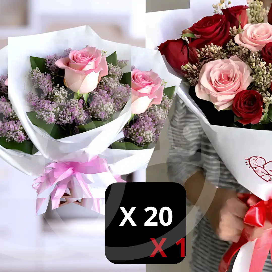 Pack de 20 rosas rosadas individuales y 1 ramo de rosas principal